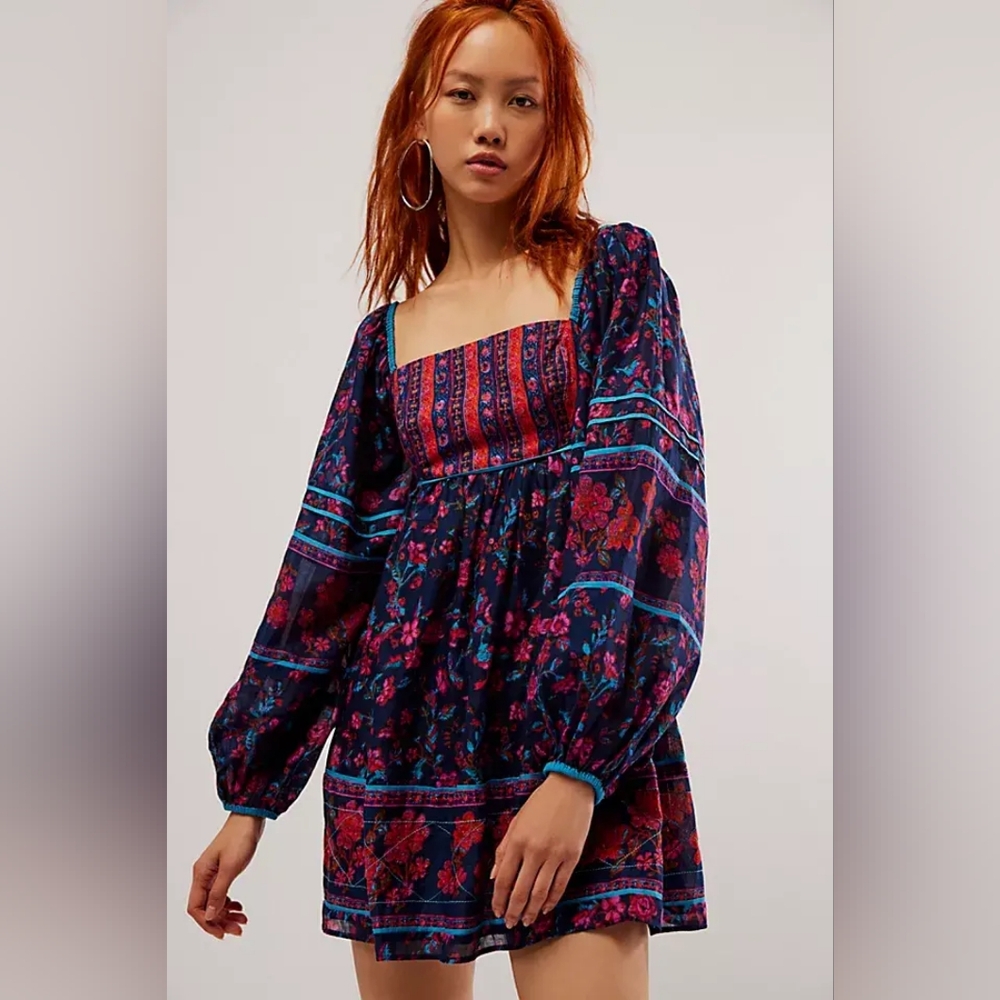 Free People Navy Floral Mini Dress with Teal & Magenta